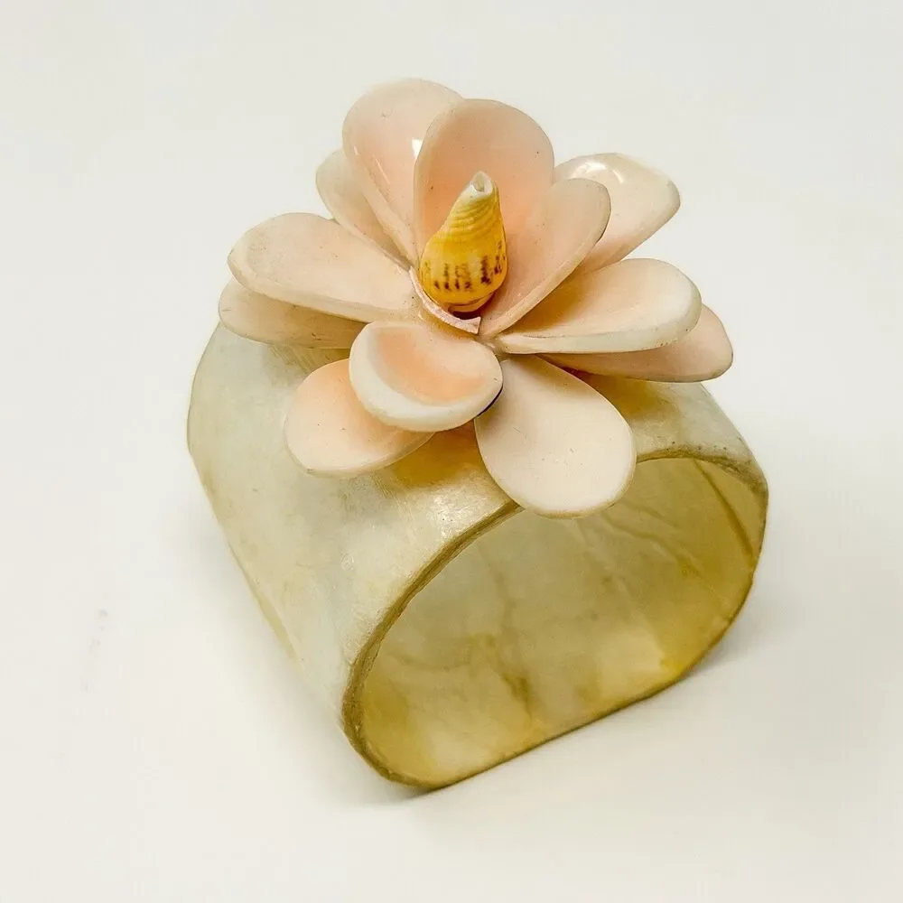 Vintage Capiz Shell Flower Napkin Ring Holders Set 8 Coastal Tropical Decor